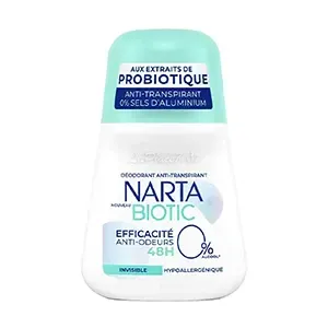 Déodorant à bille pour femme, Anti-transpirant et odeurs, Invisible, Hypoallergénique, 0% Sels d'aluminium, 0% Alcool, 48H, Biotic, Narta, 50ml