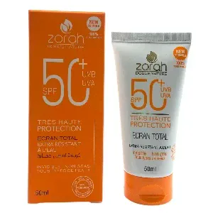 Ecran total pour tous types de peaux, Très haute protection, Résistant à l'eau, SPF50+, Zorah, 50ml