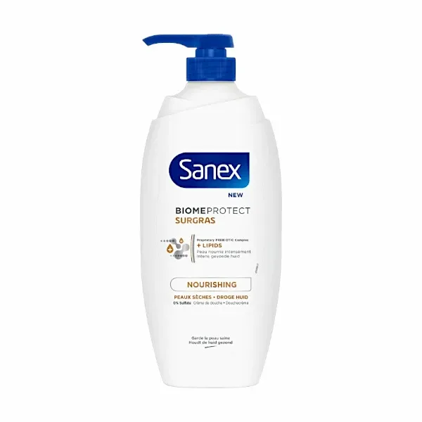 Crème de douche nourrissante pour peaux sèches, Complexe prébiotique et lipides, Sans sulfates., BiomeProtect surgras, Sanex, 700 ml.